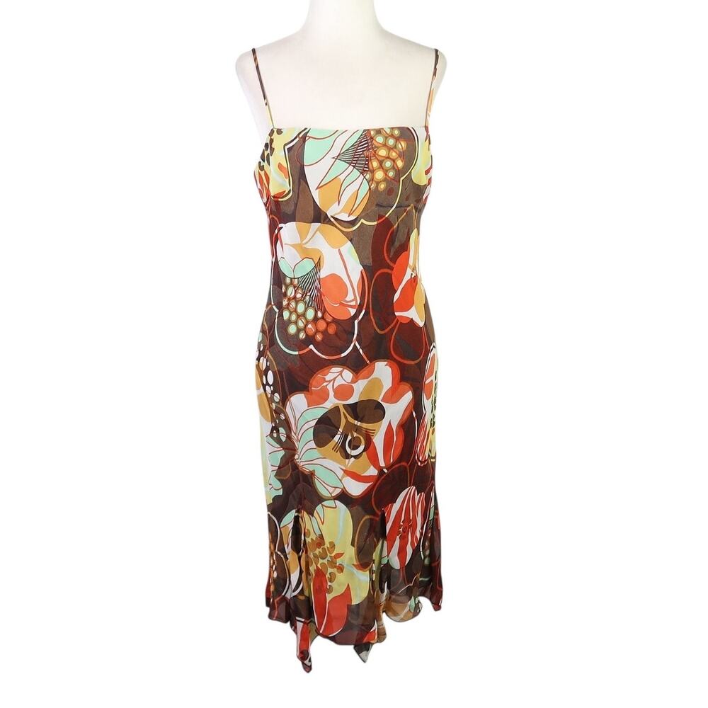 Vintage Y2K Lily Brown Floral Frilly Bias Cut Mini Dress S
